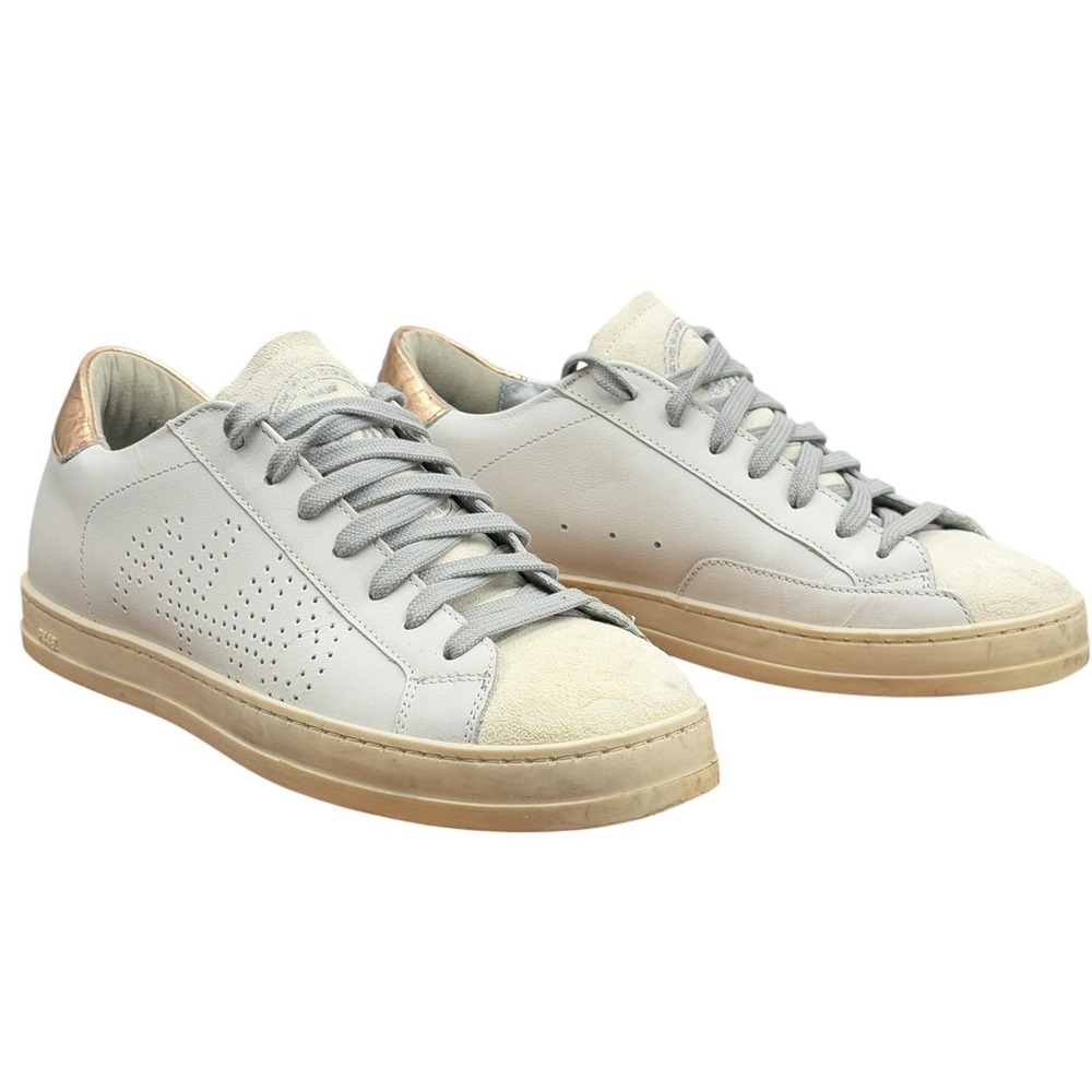 P448 John Sneakers Womens SZ 37 White Gold Low Top Leather Italian Athleisure